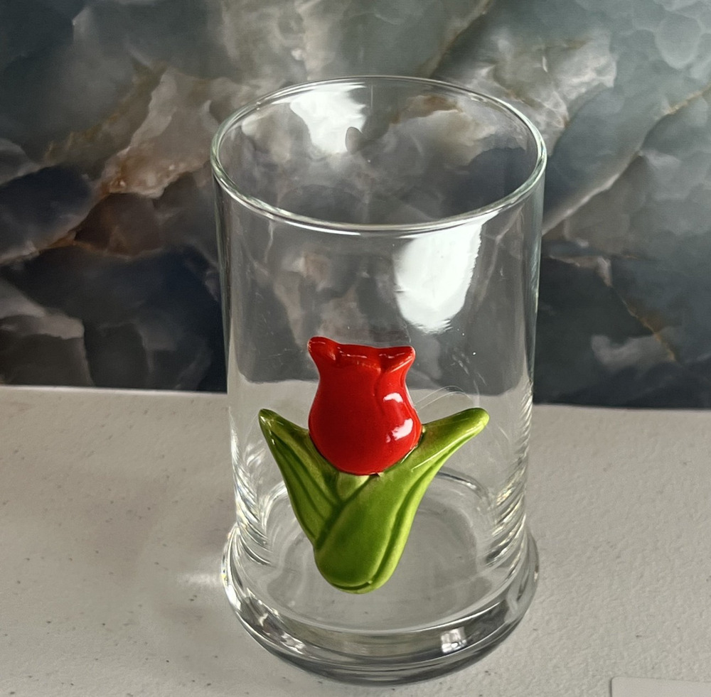 Drinking Glass Tumbler 5.3 in Clear With Ceramic Rose